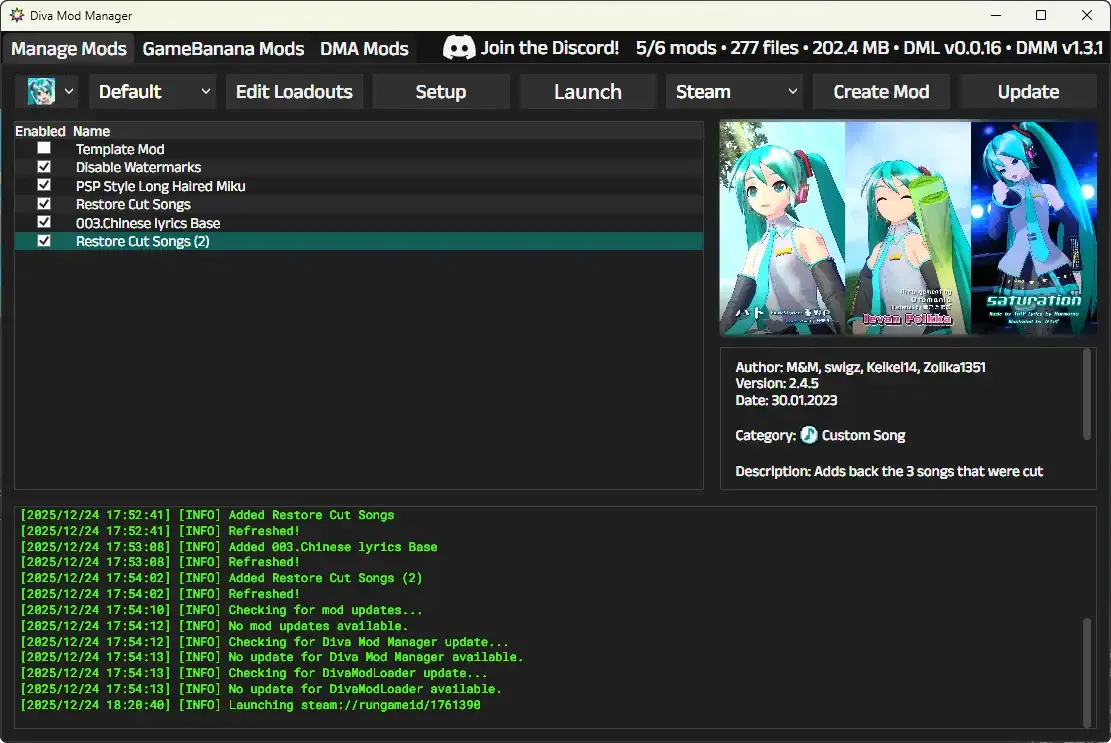 Screenshot about DivaModManager